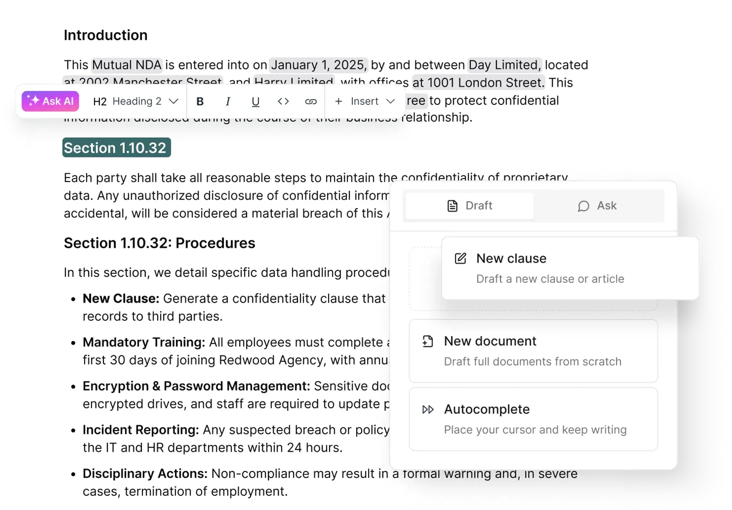 AI-powered document drafting interface